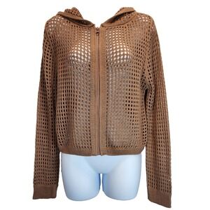 Love Knits NYC Open Knit Crochet Hoodie Sweater Brown Cropped Zip Up Size Large